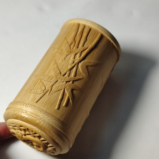 Chinese Antique style Old Bamboo Carved Bamboo Statue Tea Can Caddy Canister Pot