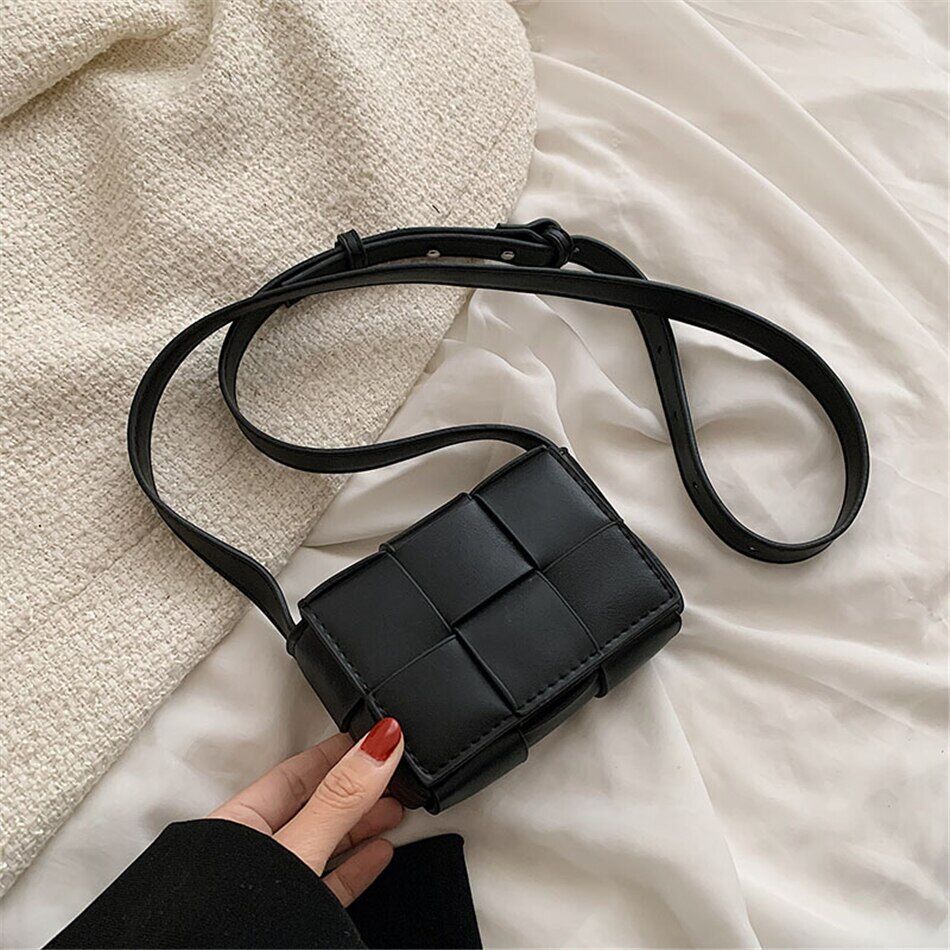 Mini Ladies Square Weave Bag PU Leather Shoulder Crossbody Bags Women Handbags