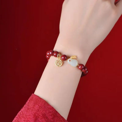 Natural Raw Ore Cinnabar Jade Rabbit Inlay and Tianyufu Hand String
