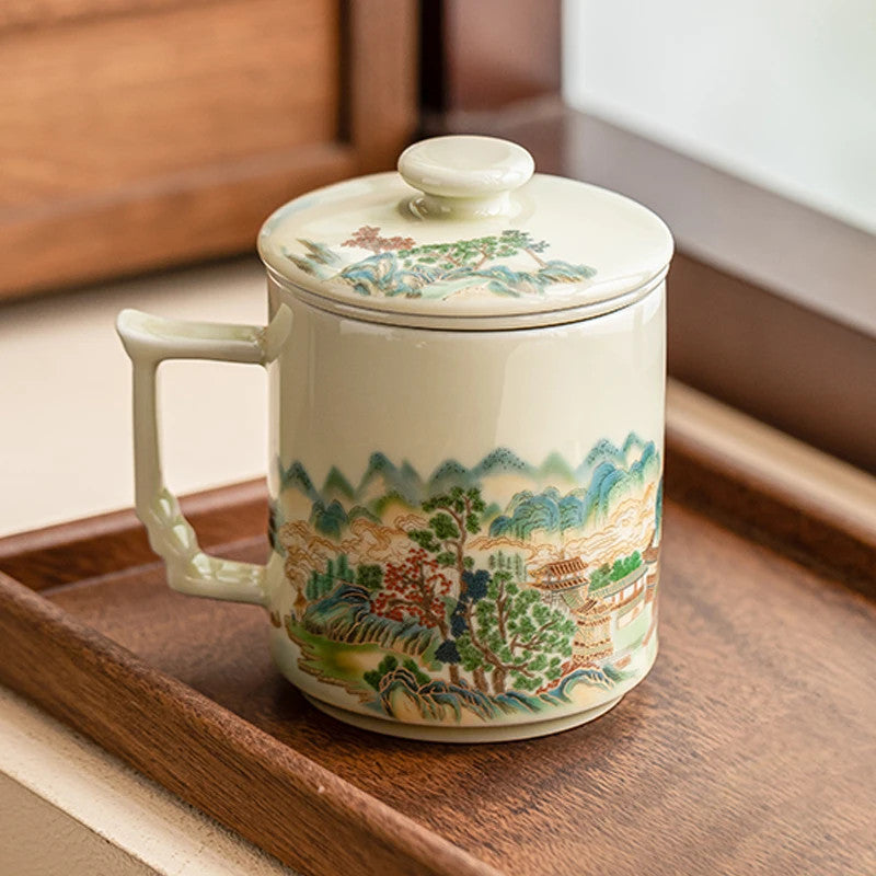 354ml Chinese Ceramic Yellow Glaze Landscape Tea Mugs Tea-water Separation Cups