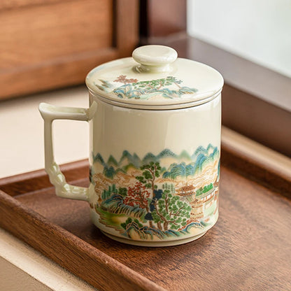 354ml Chinese Ceramic Yellow Glaze Landscape Tea Mugs Tea-water Separation Cups