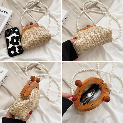 Vintage Pearl Chain Crossbody Bag Straw Woven Handbag Wooden Clip Shoulder Purse