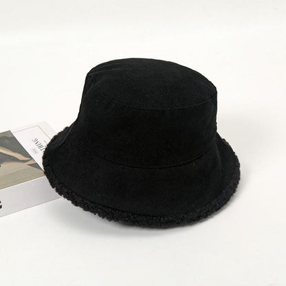 Women Winter Bucket Hat Warming Panama Cap Lady Fluffy Corduroy Double-Side Wear