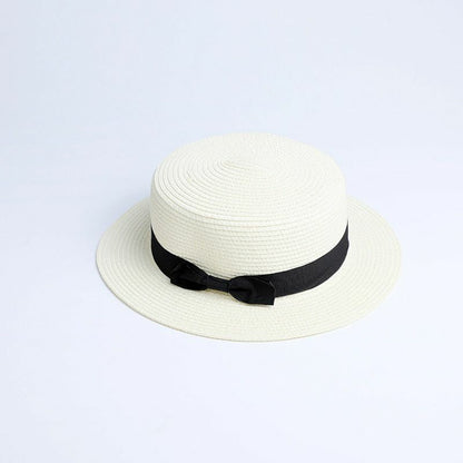 Hats Sun Flat Straw Boater Girls Bow Summer Women Kid Beach Casual Adult Autumn