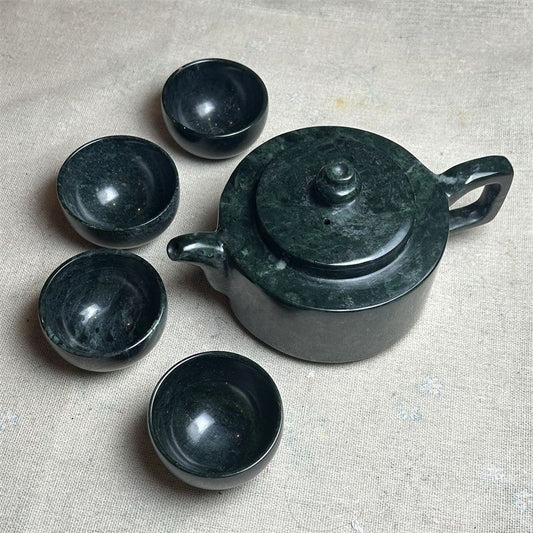 Natural Tibetan Medicinal Stone Jade Teapot Original Stone Wellness Tea Ware 5pc