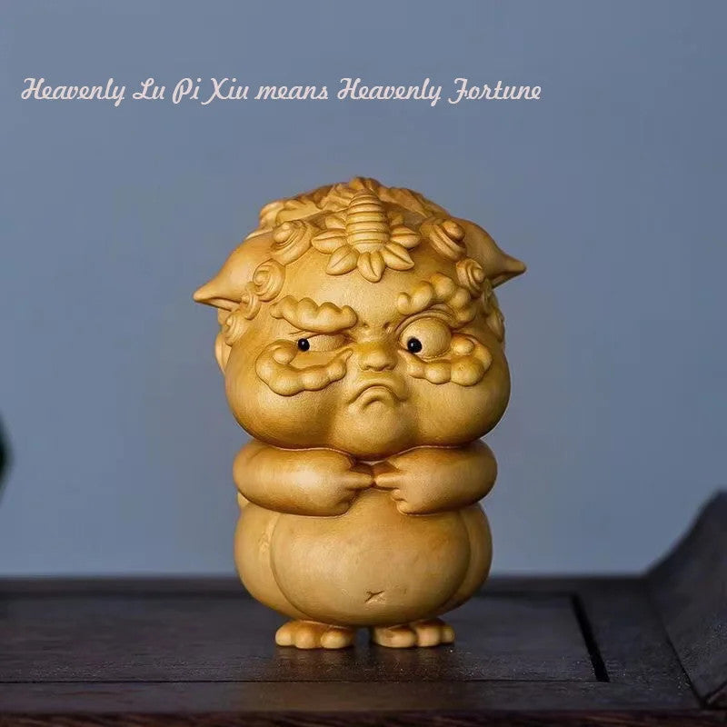 6.5cm Cliff Cypress Wood Hand Carved PI Xiu Mascot Small Statue Tea Pet Ornament