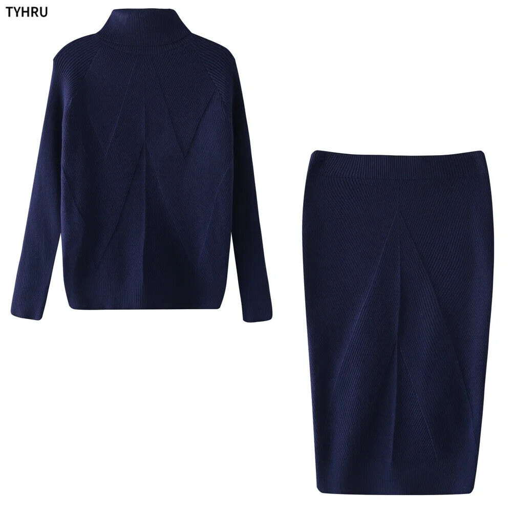 Autumn Women's Turtleneck Pullover Sweater + Slim Skirt Two-Piece Set