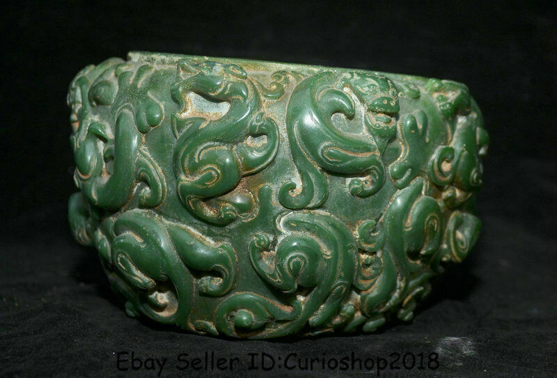 7" Rare Old Chinese Natural Green Jade Carved Dynasty Dragon Beast Pot Jar Crock