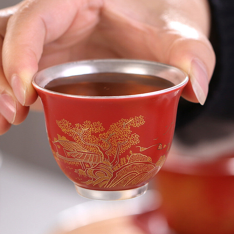 999 Sterling Silver Cup Mountain Relief Handmade Porcelain Tea Cup 50ml Glaze
