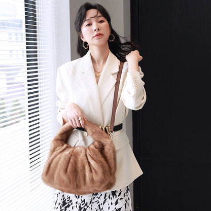 Luxury Womens Full-pelt Mink Handbag Genuine Leather Strap Solid Crossbody Bag