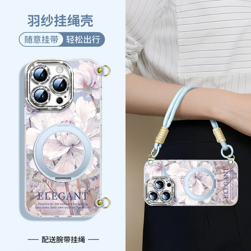 For iPhone 16 Pro/15/14/13 Flower Phone Case with Lanyard/Stand/Crossbody Strap