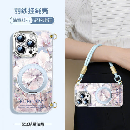 For iPhone 16 Pro/15/14/13 Flower Phone Case with Lanyard/Stand/Crossbody Strap