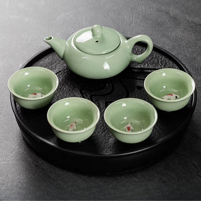 New Set Chinese Celadon Porcelain Teapot With Fish Tea Cup