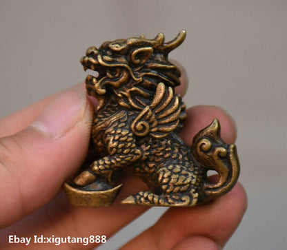 Pairs Chinese Copper Bronze FengShui Lucky Kylin Chi lin Qilin God Beast Statue
