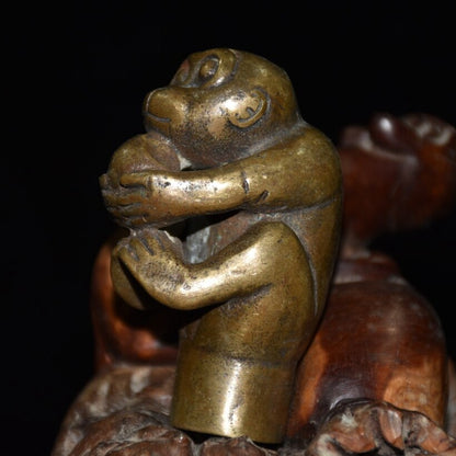 Exquisite Old Chinese copper handmade monkey head crutch head statue