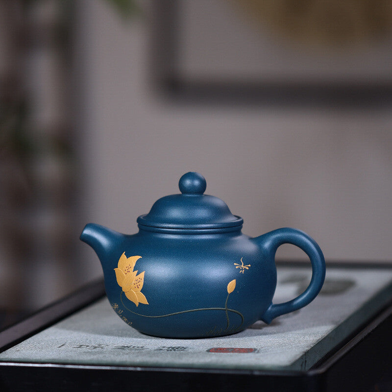 220ML Collect Chinese Yixing Zisha Pottery Celeste Clay Mesh Lotus Flower Teapot