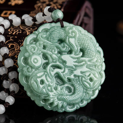 Real Grade A Natural Green Jade Jadeite Dragon Lucky Pendant Beads Necklace