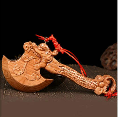 Chinese Lucky Evil Dispel Decoration Axe Feng Shui Peach Wood Carved Amulet