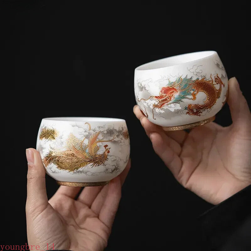 Sheep Fat Jade Porcelain Tea Set Cup Dragon and Phoenix Pairs Cup Tea Set