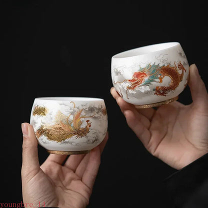 Sheep Fat Jade Porcelain Tea Set Cup Dragon and Phoenix Pairs Cup Tea Set