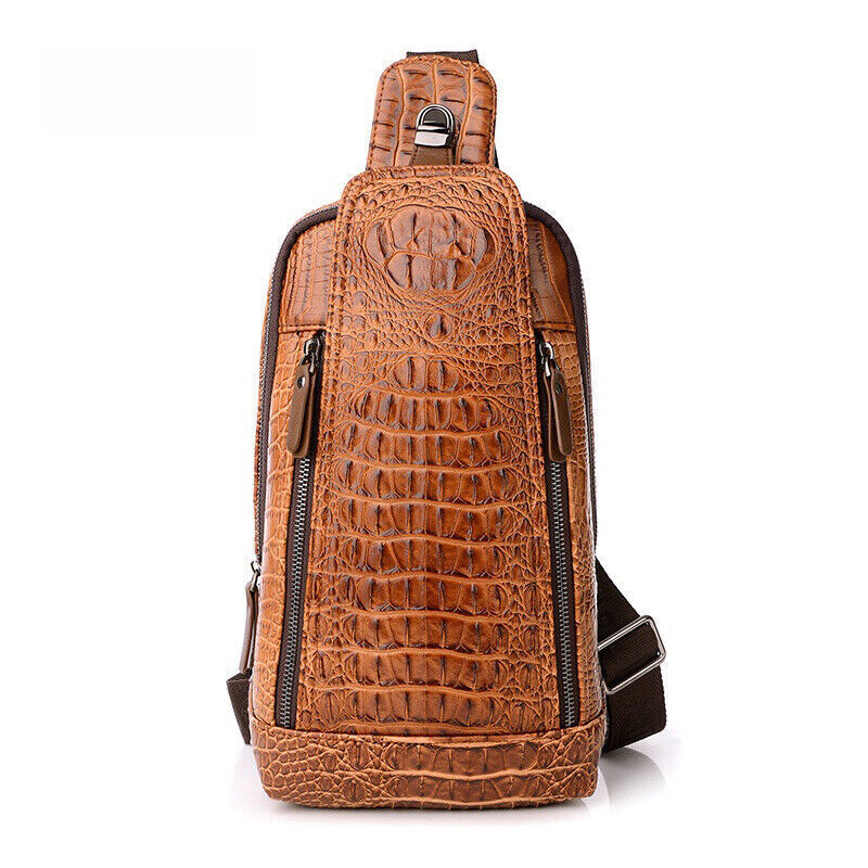 Mens Crocodile Leather Sling Bag Chest Shoulder Daypack Waterproof Crossbody Bag