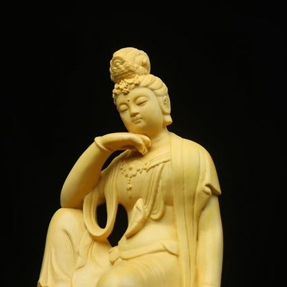Chinese 100% Boxwood Wood Hand Carved Guanyin Kwan-yin buddha Statue table deco