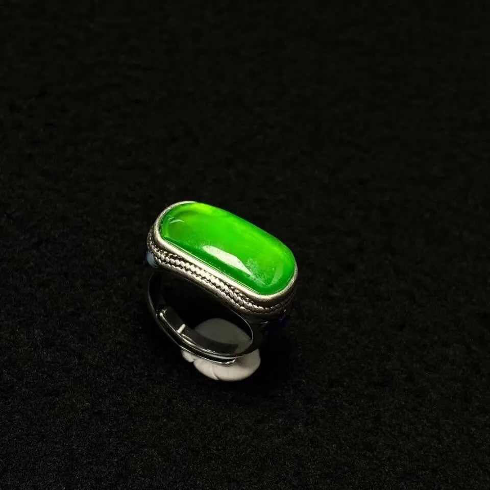 1Pc Tibetan Silver Inlaid Natural Jade Ethnic Style Ring Ring