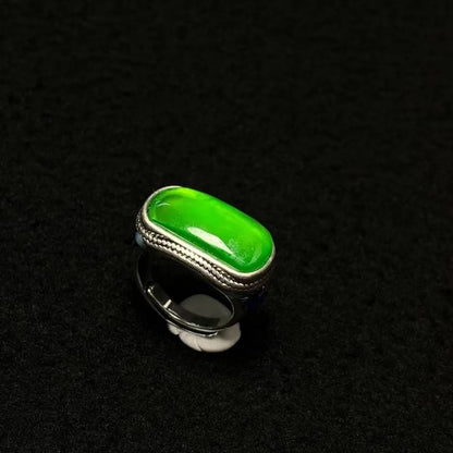 1Pc Tibetan Silver Inlaid Natural Jade Ethnic Style Ring Ring