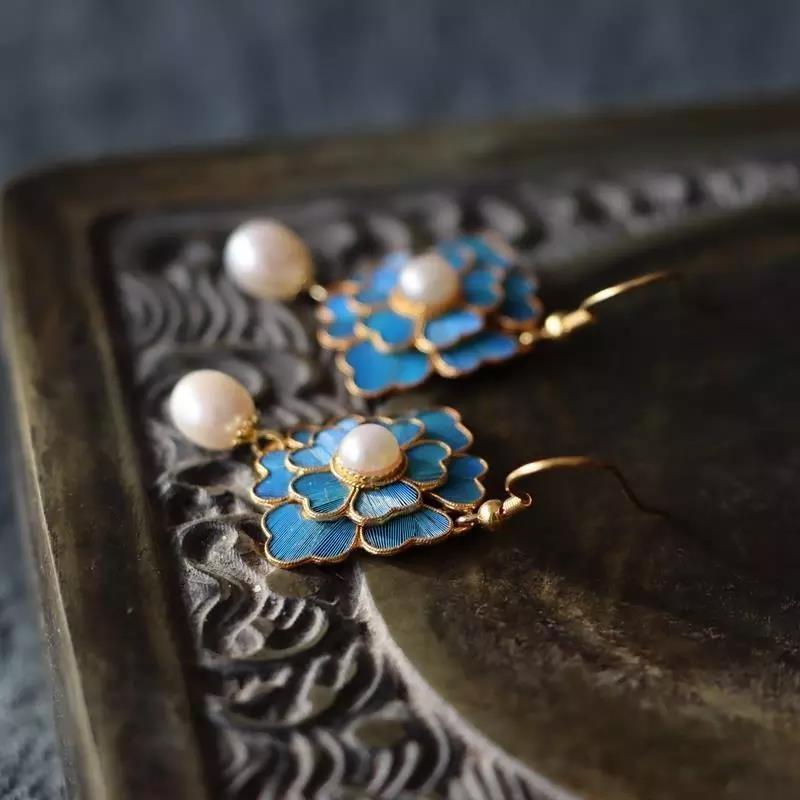 Cloisonne Imitation Diancui Gold Plated Chinese Style Female Long Eardrops