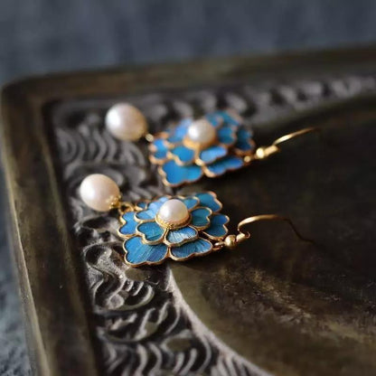 Cloisonne Imitation Diancui Gold Plated Chinese Style Female Long Eardrops