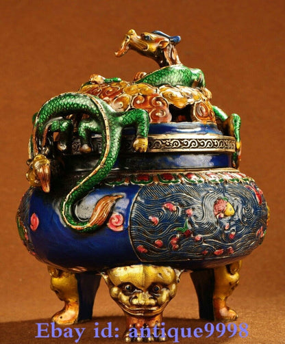 7.8" Old China Cloisonne Enamel Pure Bronze Dragon 3 Legs Incense Burner Censer