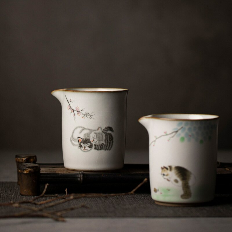 300Ml Chinese Ceramic Fair Cup Chahai Cat Pattern Kung Fu Tea Set Accessories