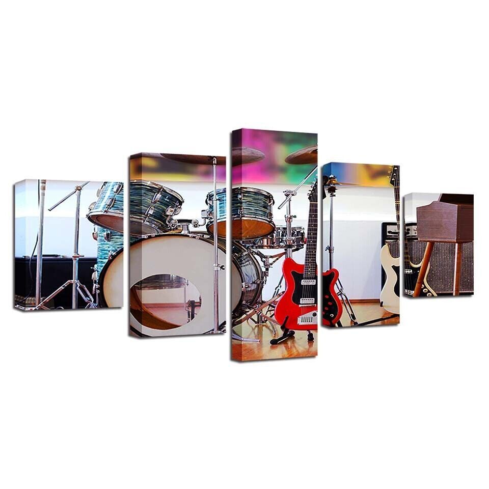 Music Instrument Drum Guitar Set Canvas Prints Painting Wall Art Home Decor 5PCS