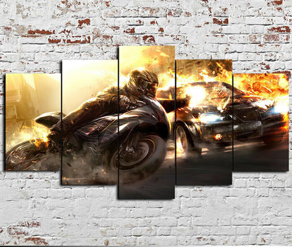 Large Car Vs Bike Race Action 5 Panel Canvas Print Wall Art Poster Home Decor