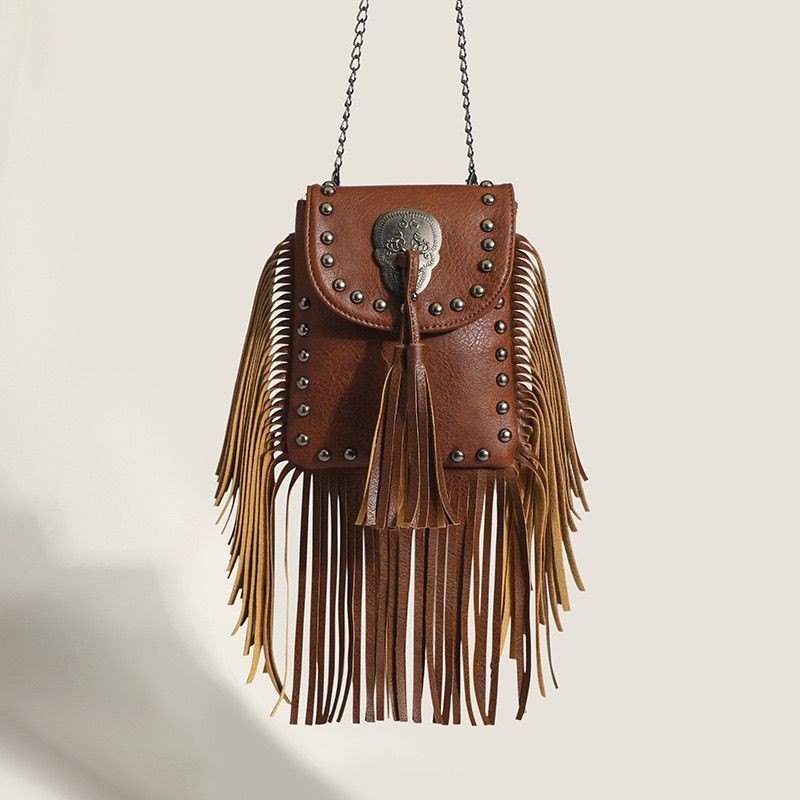 Vintage Fringe Crossbody Bag Women Rivet Leather Phone Purse Chain Shoulder Bag