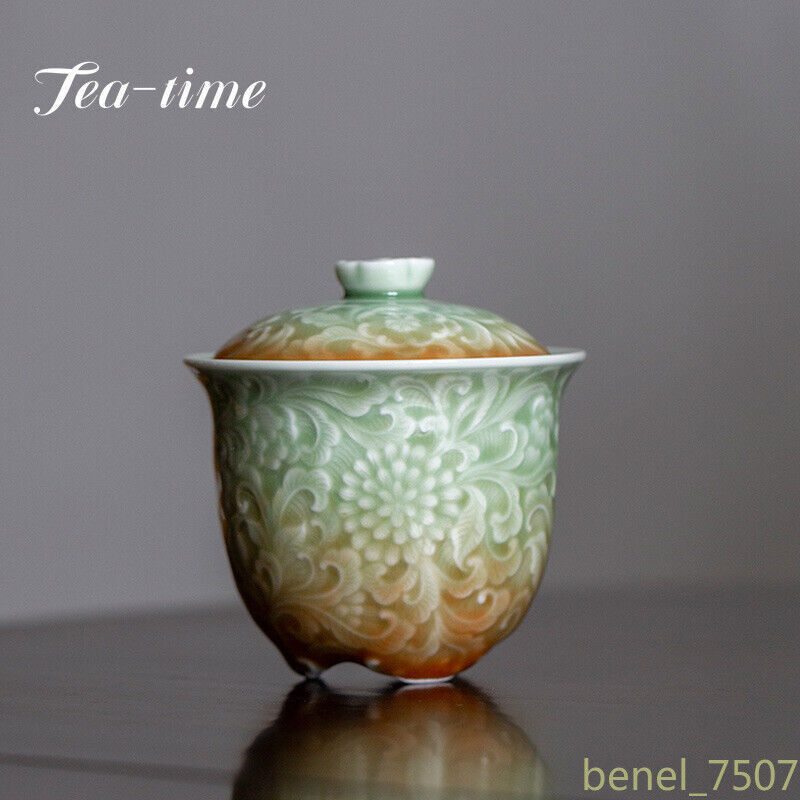Retro Chinese style Celadon Carved Flower Relief Ceramic Tea Tureen Gaiwan