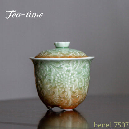 Retro Chinese style Celadon Carved Flower Relief Ceramic Tea Tureen Gaiwan