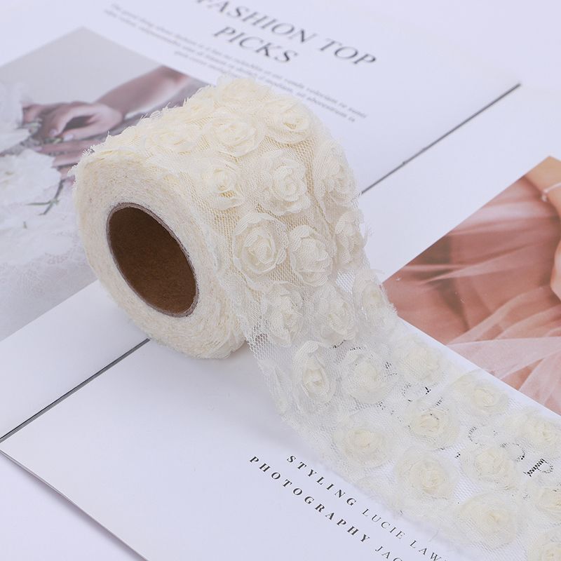 Party Decoration 5Yards DIY Rose Lace Fabric 3D Chiffon Flower Embroidered Decor