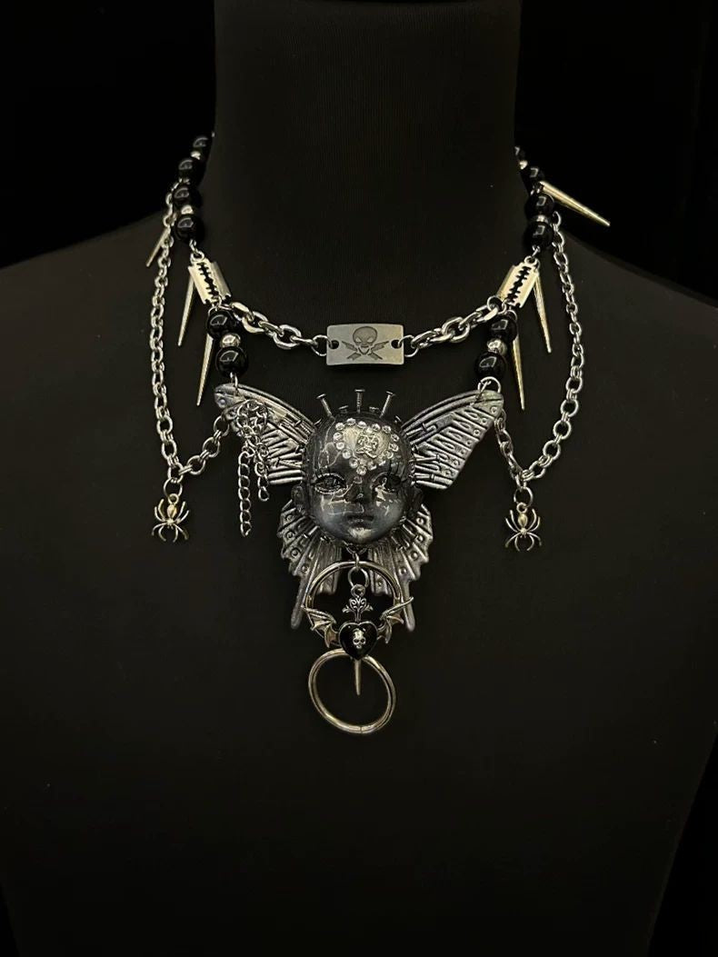Handmade Silver Gothic Butterfly Doll Head Heavy Metal Choker Necklace