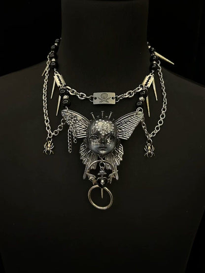 Handmade Silver Gothic Butterfly Doll Head Heavy Metal Choker Necklace