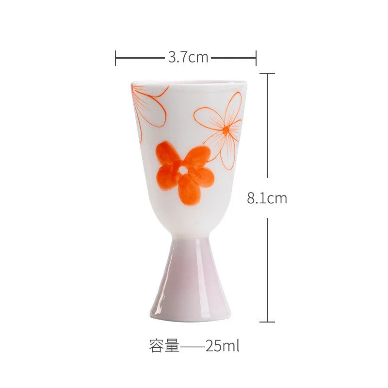 25ml Ceramic Handpainted Red Flower High Foot Cup Tea Tasting Fragrance Cup