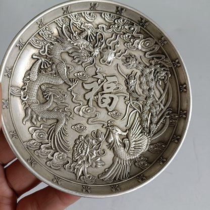 Exquisite Chinese old Tibetan silver hand-carved dragon and phoenix plate-