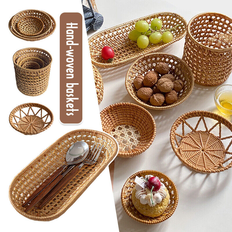 Handwoven Bread Basket Rattan Wicker Storage Tray Tea Drinks Snack Holder NEW