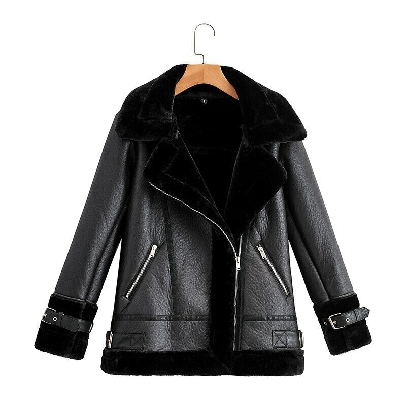 Pu Faux Soft Leather Black White Sheepskin Fur Jacket Female Aviator Outwear