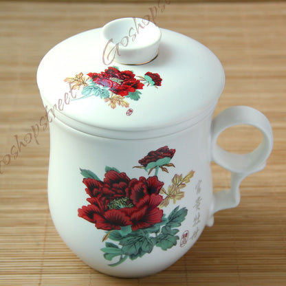 270ml Ceramic China Porcelain Tea Cup Coffee Mug lid Infuser Filter
