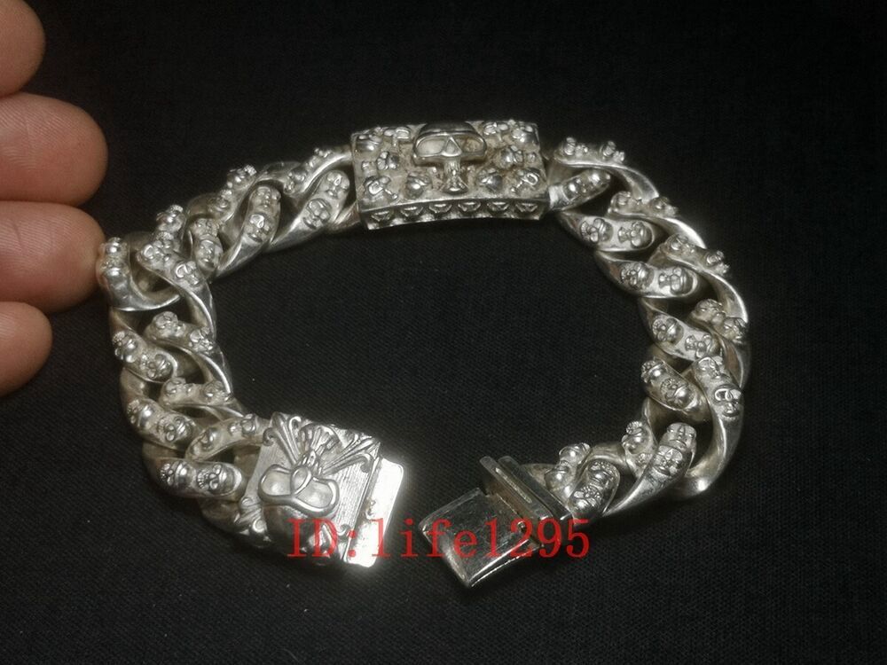 Chinese Tibet Silver Carving skull Statue bracelet gift Collection
