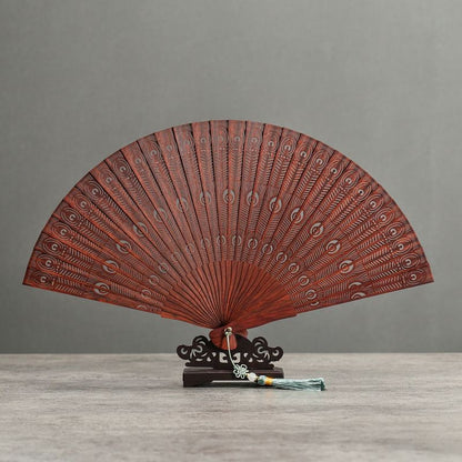Red Sandalwood Suzhou Fan Hollow Peacock Feather Folding Fan with Stand
