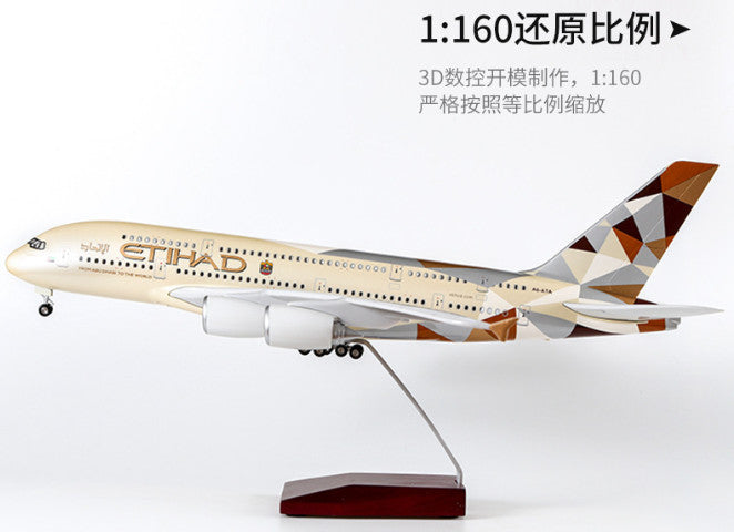 1:160 46CM ETIHAD AIRBUS A380 Passenger Airplane Landing Gear Resin Plane Model