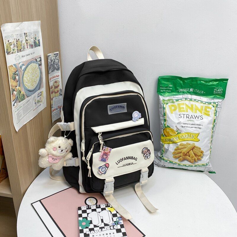 Patchwork Badge Woman Backpack Waterproof High School Bags 31*15*44 /30*13*41 CM