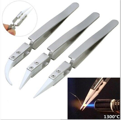 Tweezers Ceramic Stainless Steel Straight Elbow Tips Anti-Static Soldering Tools